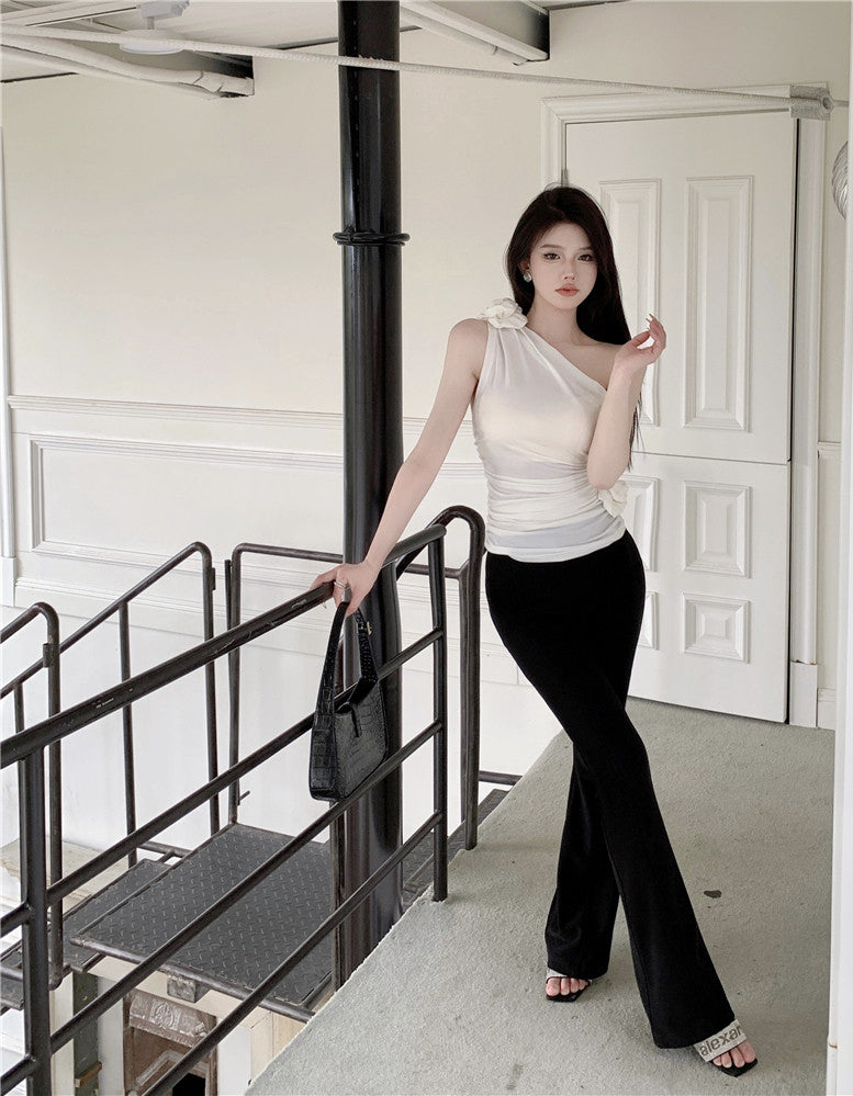 White One Shoulder Ruched Flower Top