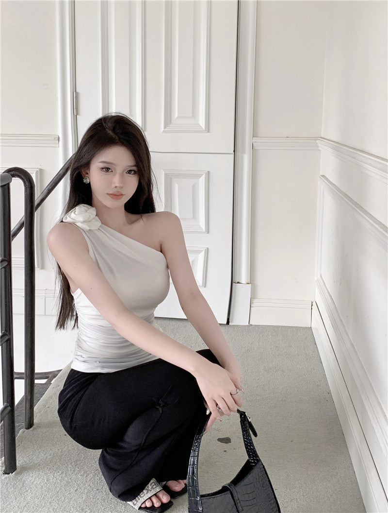 White One Shoulder Ruched Flower Top