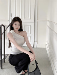 White One Shoulder Ruched Flower Top