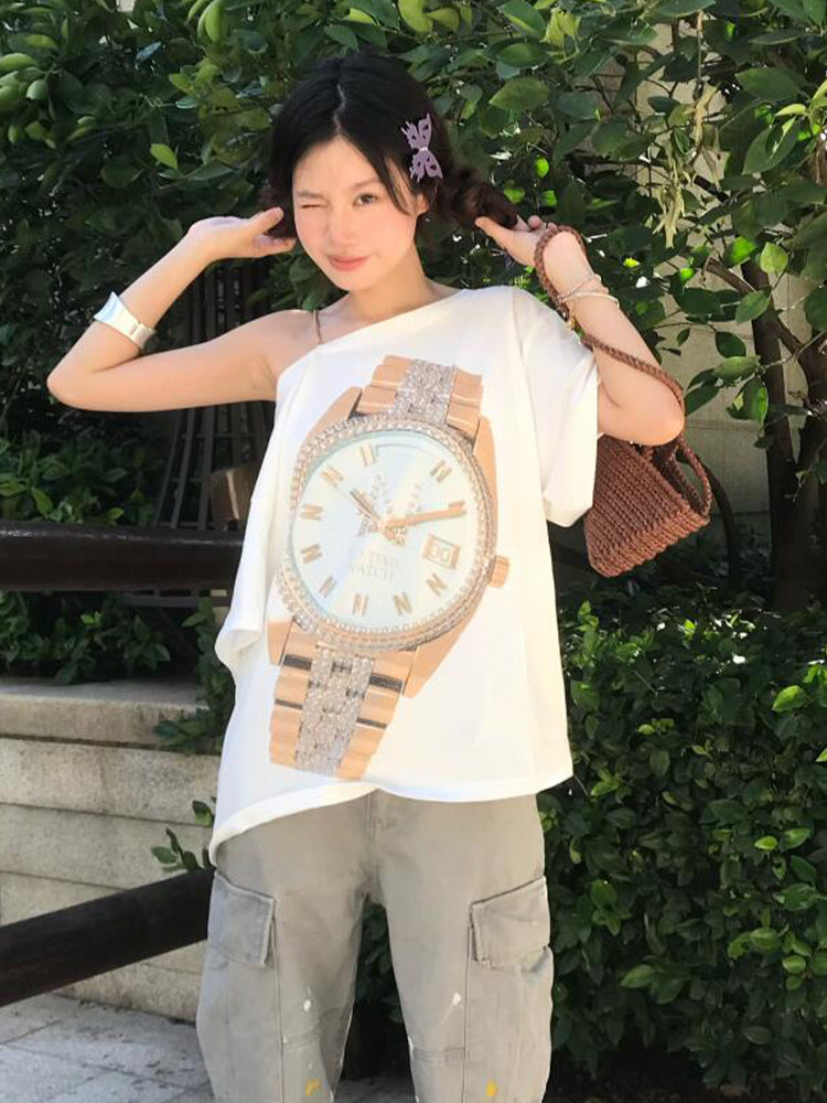 White One-Shoulder Timepiece Print T-Shirt