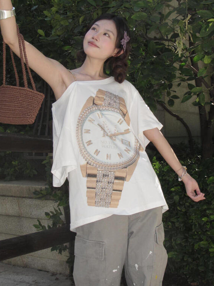 White One-Shoulder Timepiece Print T-Shirt