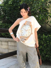 White One-Shoulder Timepiece Print T-Shirt