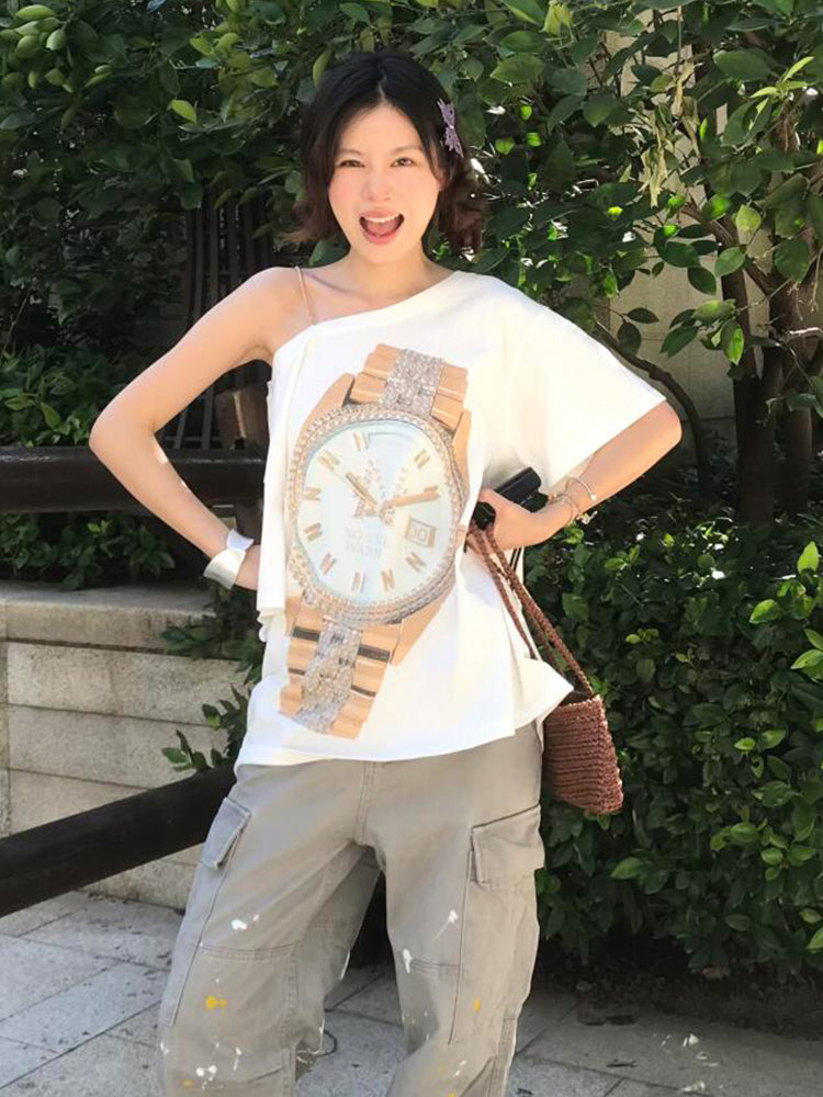 White One-Shoulder Timepiece Print T-Shirt