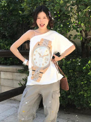 White One-Shoulder Timepiece Print T-Shirt