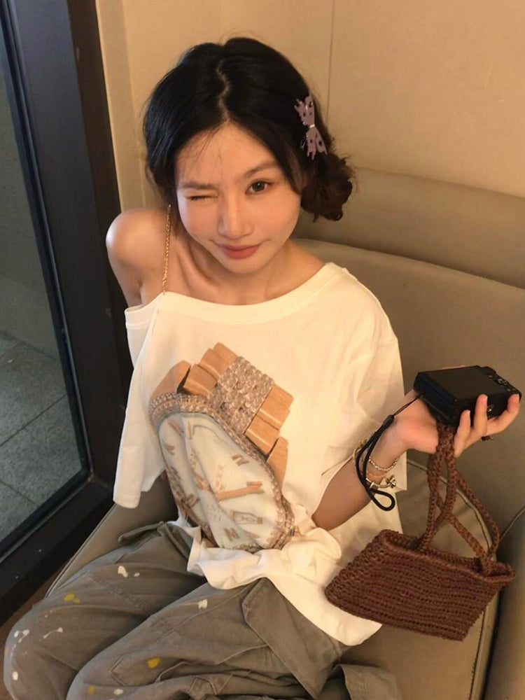 White One-Shoulder Timepiece Print T-Shirt