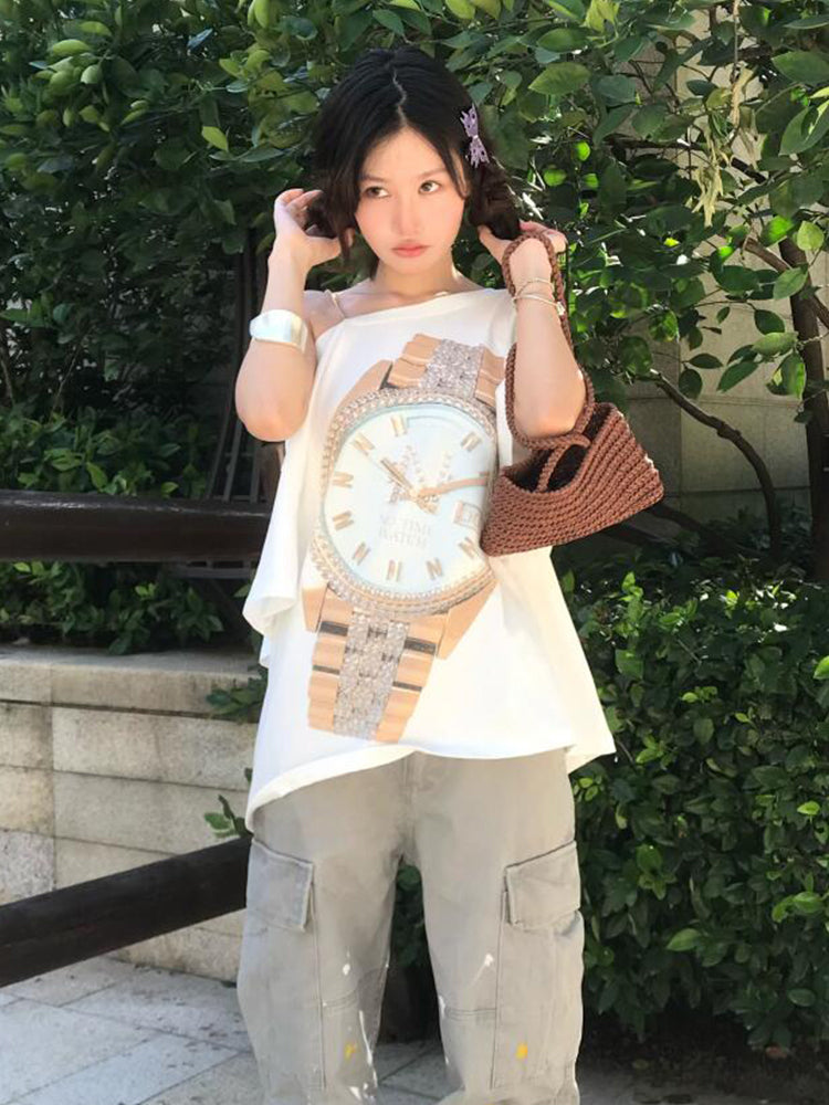 White One-Shoulder Timepiece Print T-Shirt