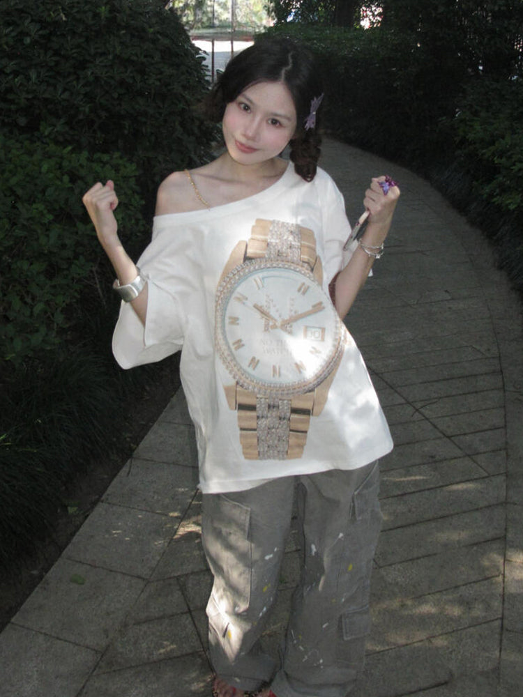 White One-Shoulder Timepiece Print T-Shirt