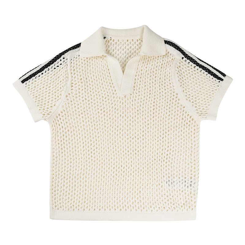 White Open Knit Polo Shirt