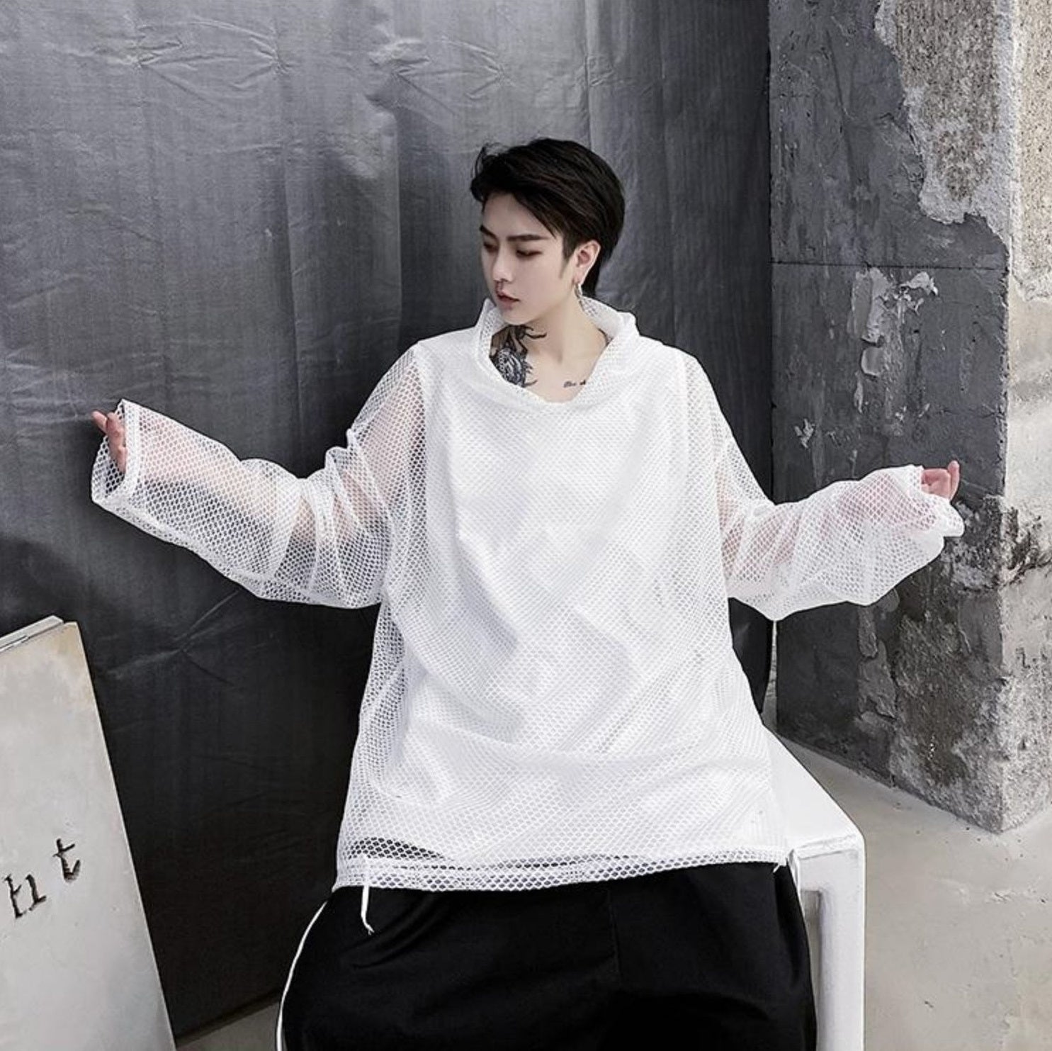 White Oversized Net Hoodie