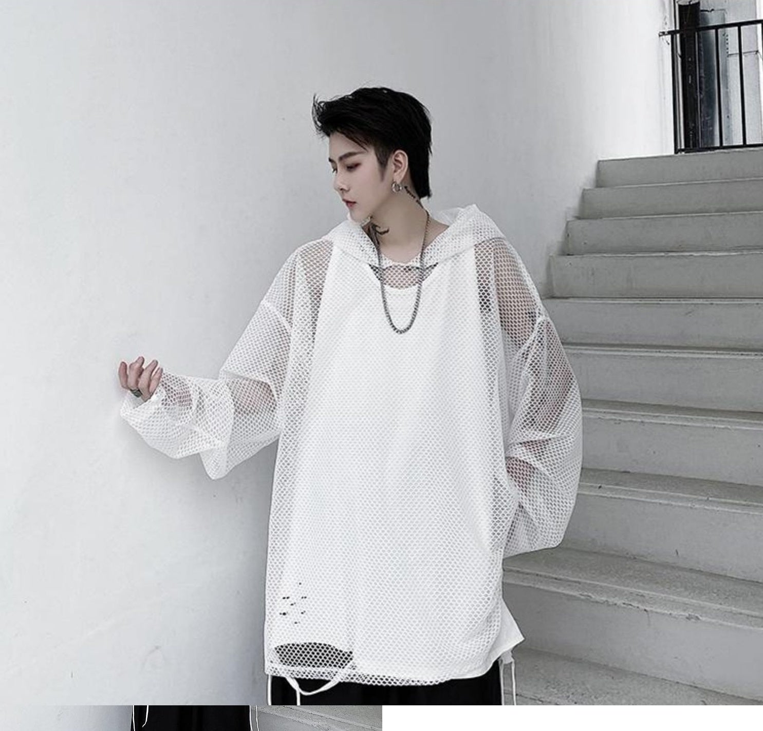 White Oversized Net Hoodie