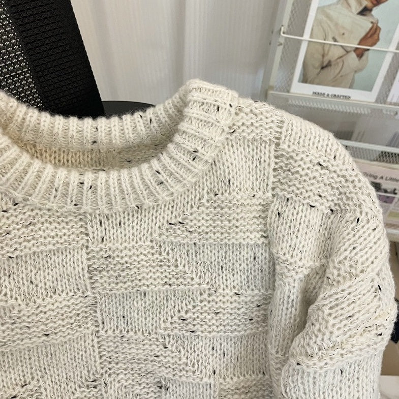 White Patterned Knit Round Neck Sweater