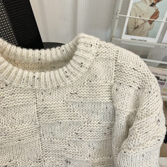 White Patterned Knit Round Neck Sweater