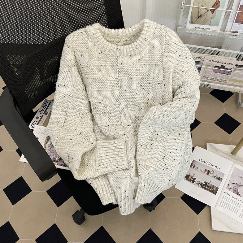 White Patterned Knit Round Neck Sweater