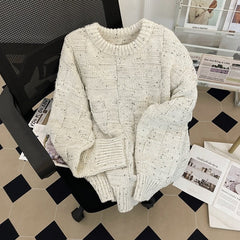 White Patterned Knit Round Neck Sweater