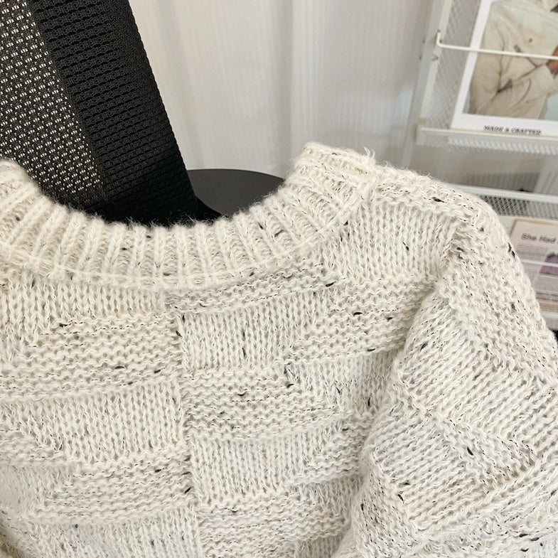 White Patterned Knit Round Neck Sweater