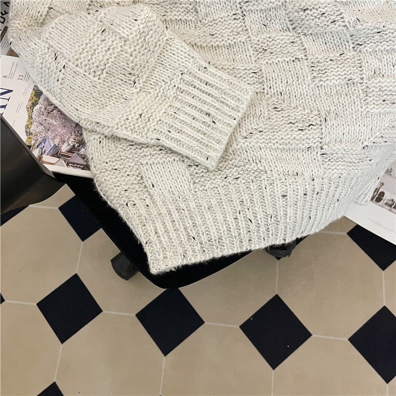 White Patterned Knit Round Neck Sweater