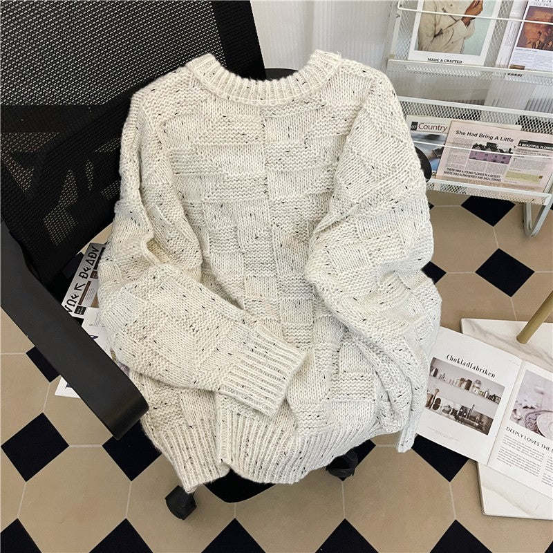 White Patterned Knit Round Neck Sweater