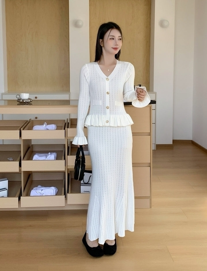 White Peplum Ruffles Fishtail Knit Dress