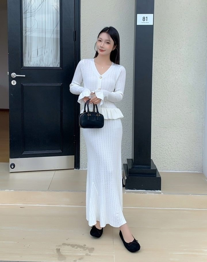 White Peplum Ruffles Fishtail Knit Dress
