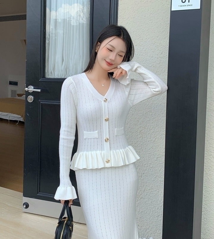 White Peplum Ruffles Fishtail Knit Dress
