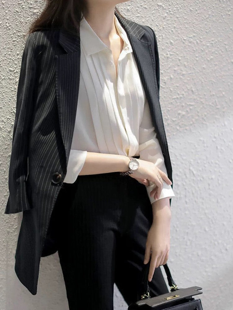 White Pleated Button-Down Shirt