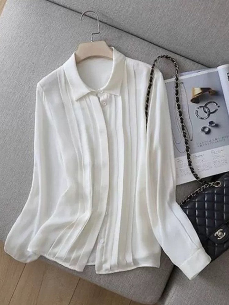 White Pleated Button-Down Shirt