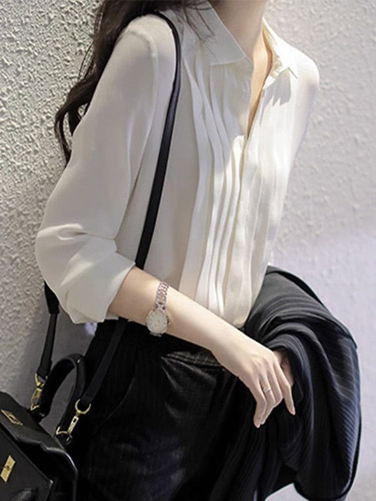 White Pleated Button-Down Shirt