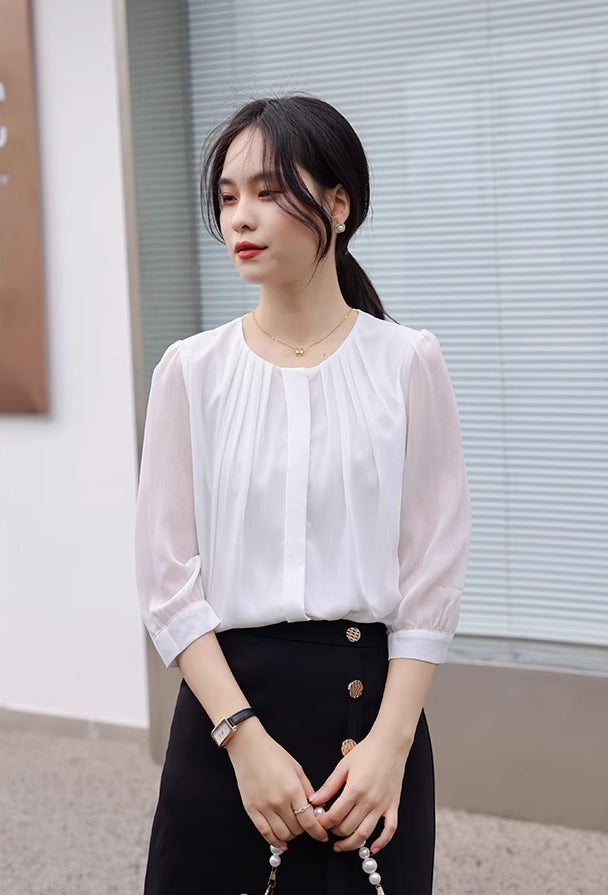 White Pleated Chiffon Blouse