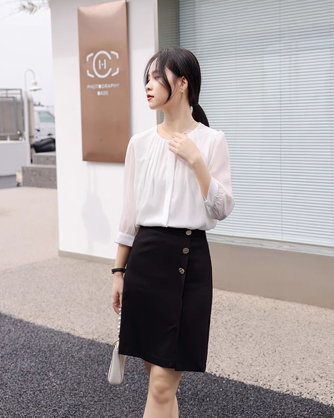 White Pleated Chiffon Blouse