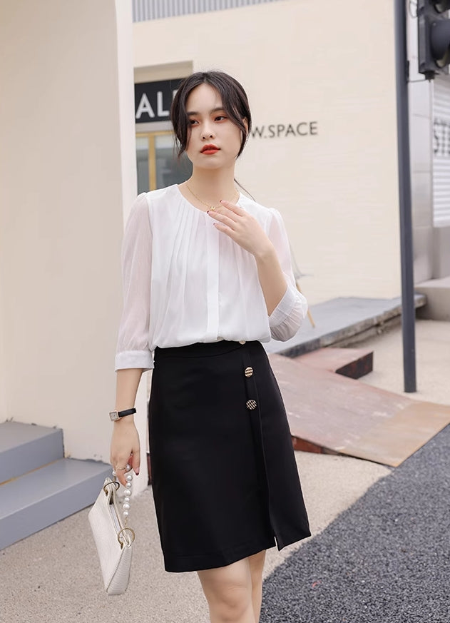 White Pleated Chiffon Blouse
