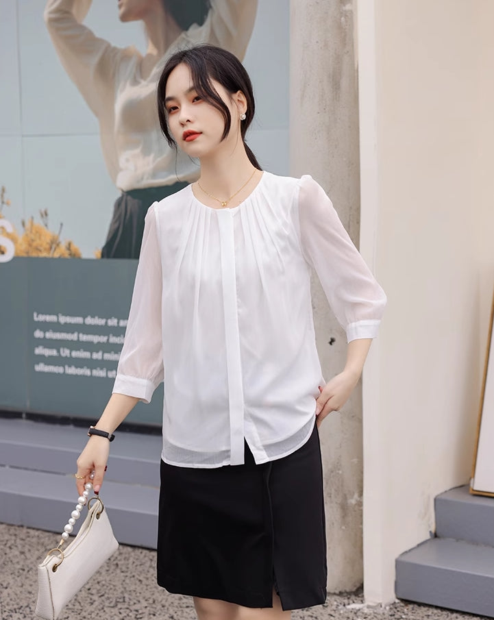 White Pleated Chiffon Blouse
