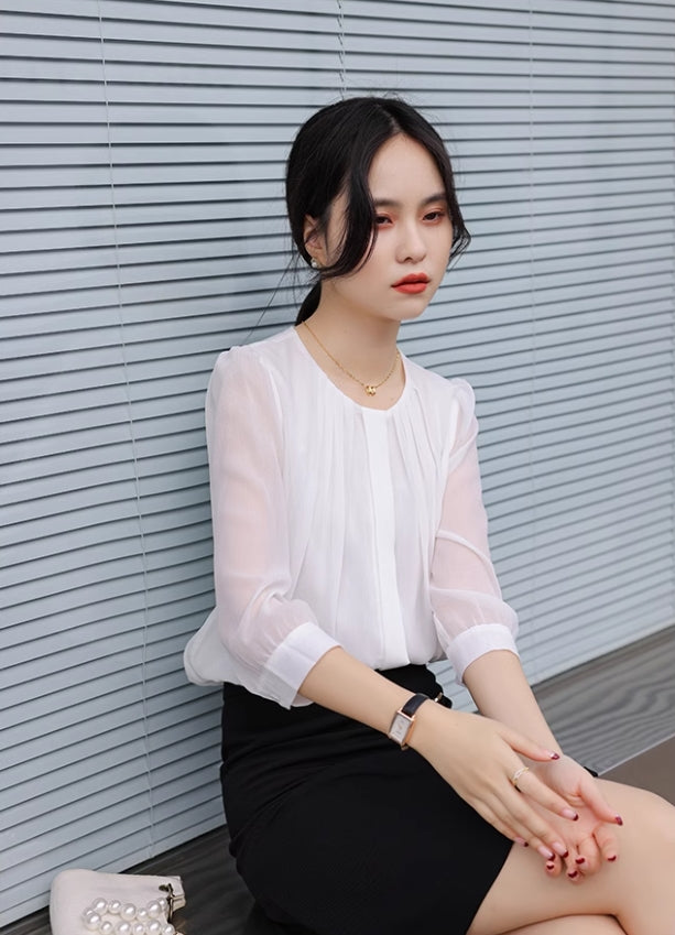 White Pleated Chiffon Blouse