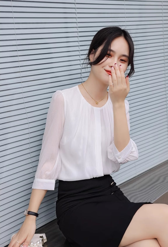 White Pleated Chiffon Blouse