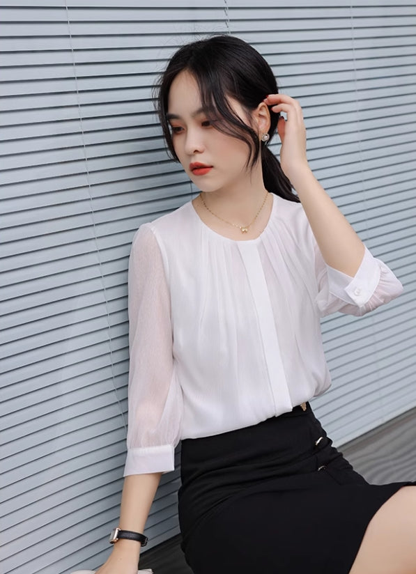 White Pleated Chiffon Blouse