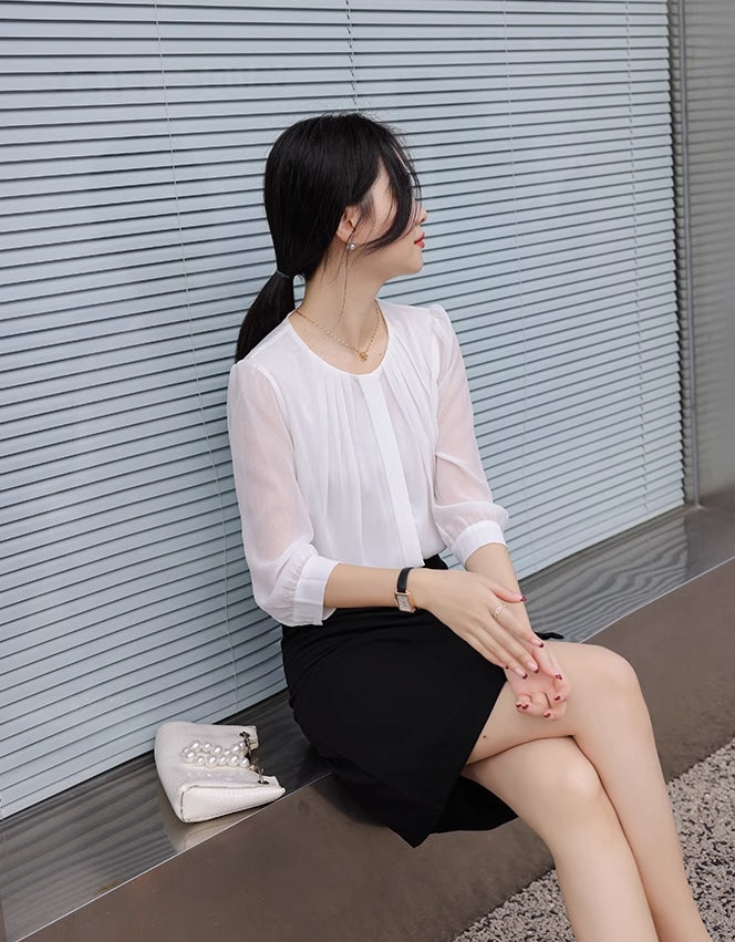 White Pleated Chiffon Blouse