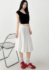 White Pleated Flared Midi Skirt Casual Fit