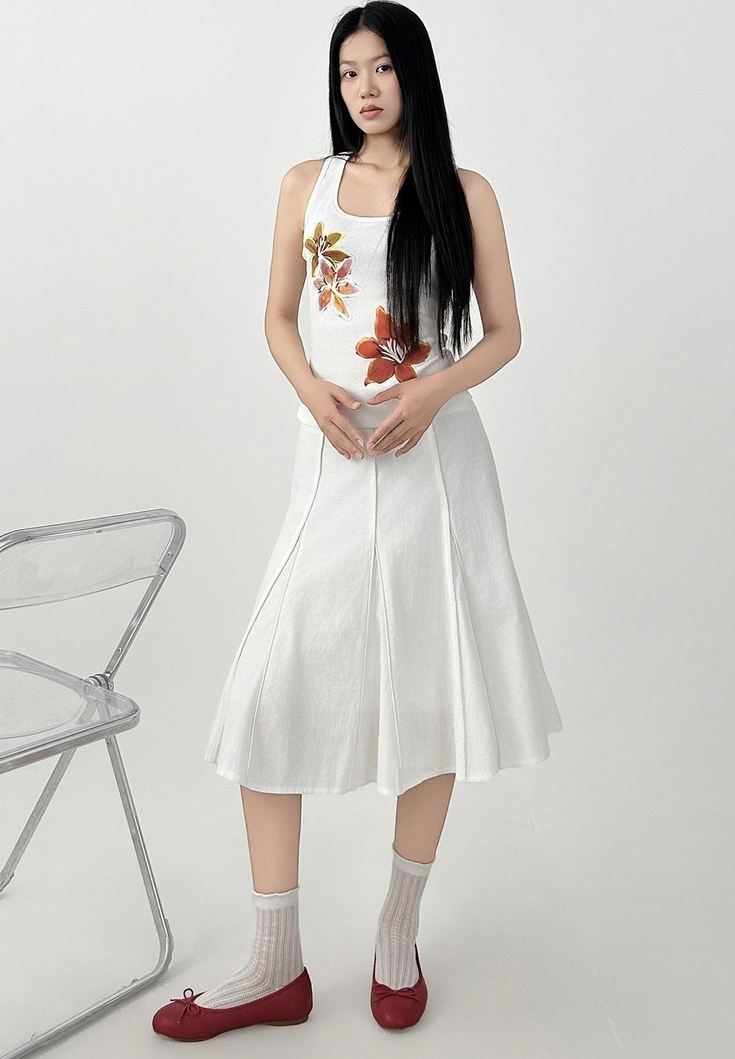 White Pleated Flared Midi Skirt Casual Fit