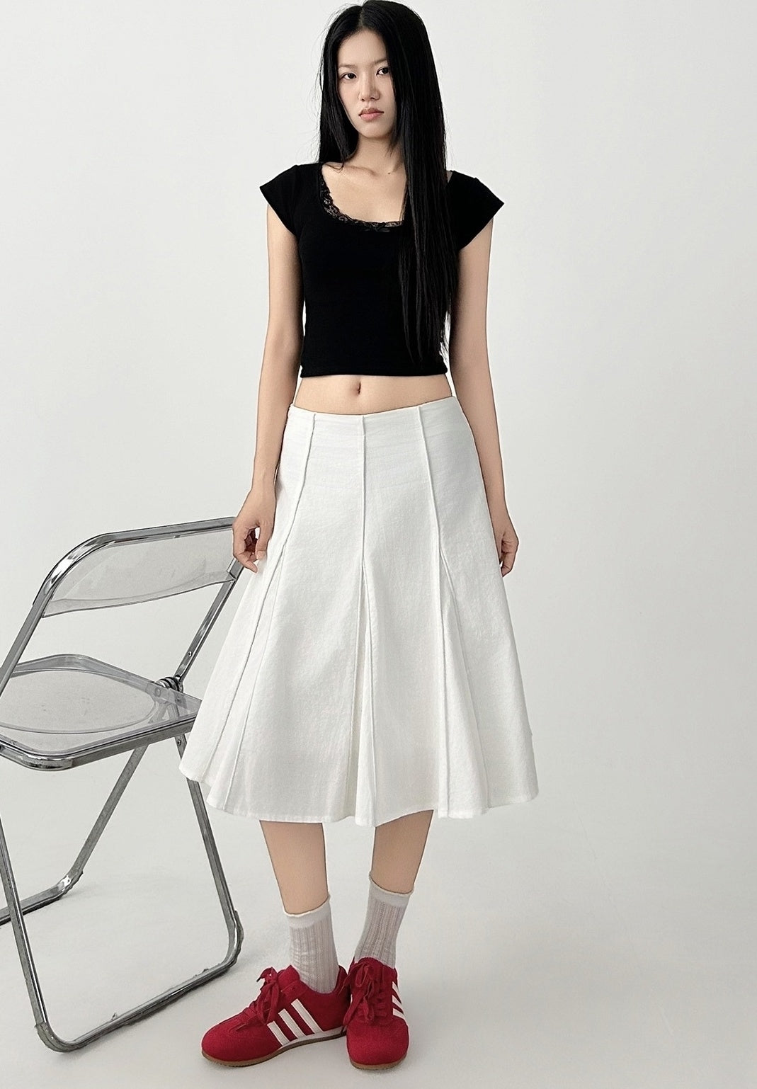 White Pleated Flared Midi Skirt Casual Fit
