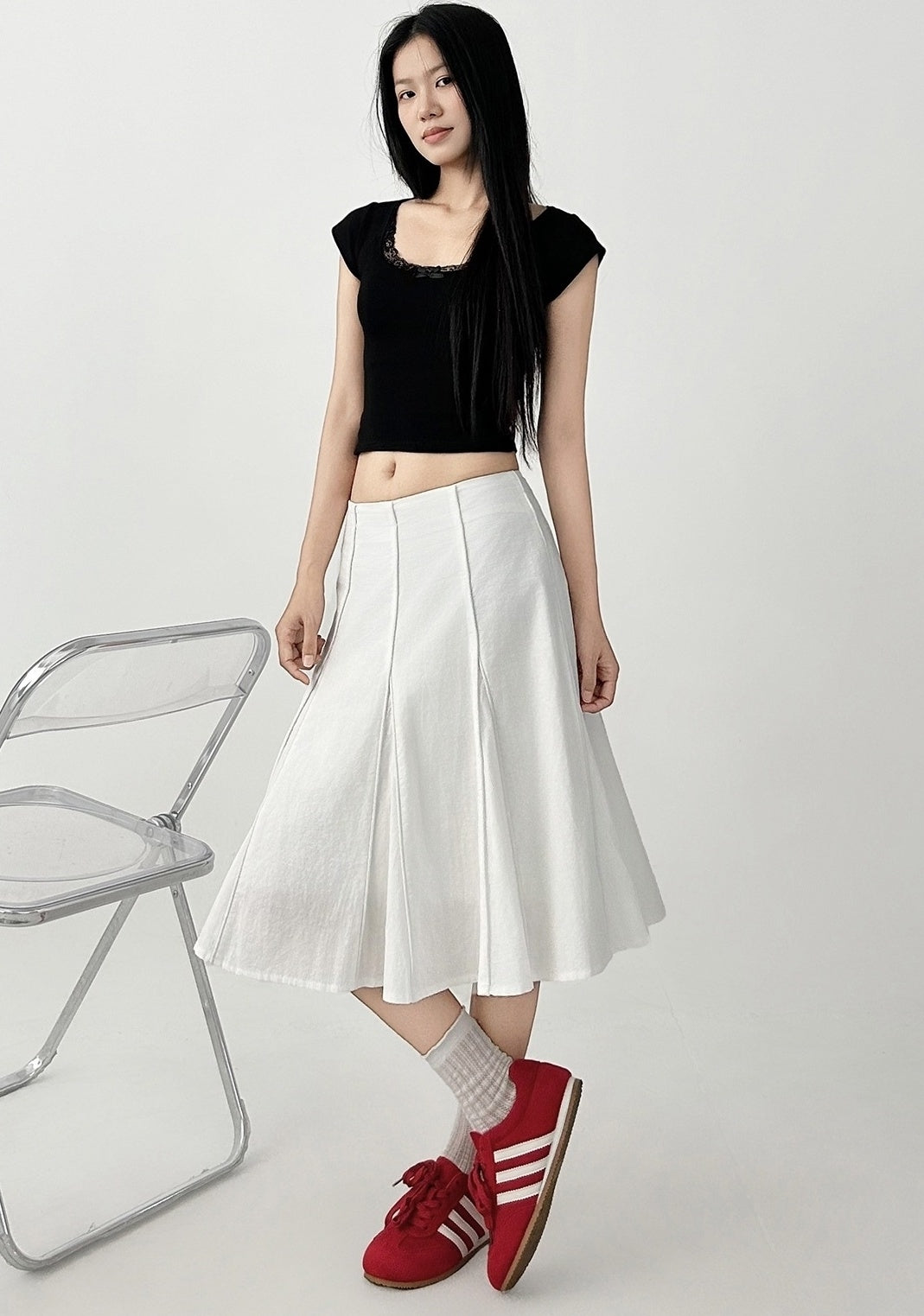 White Pleated Flared Midi Skirt Casual Fit
