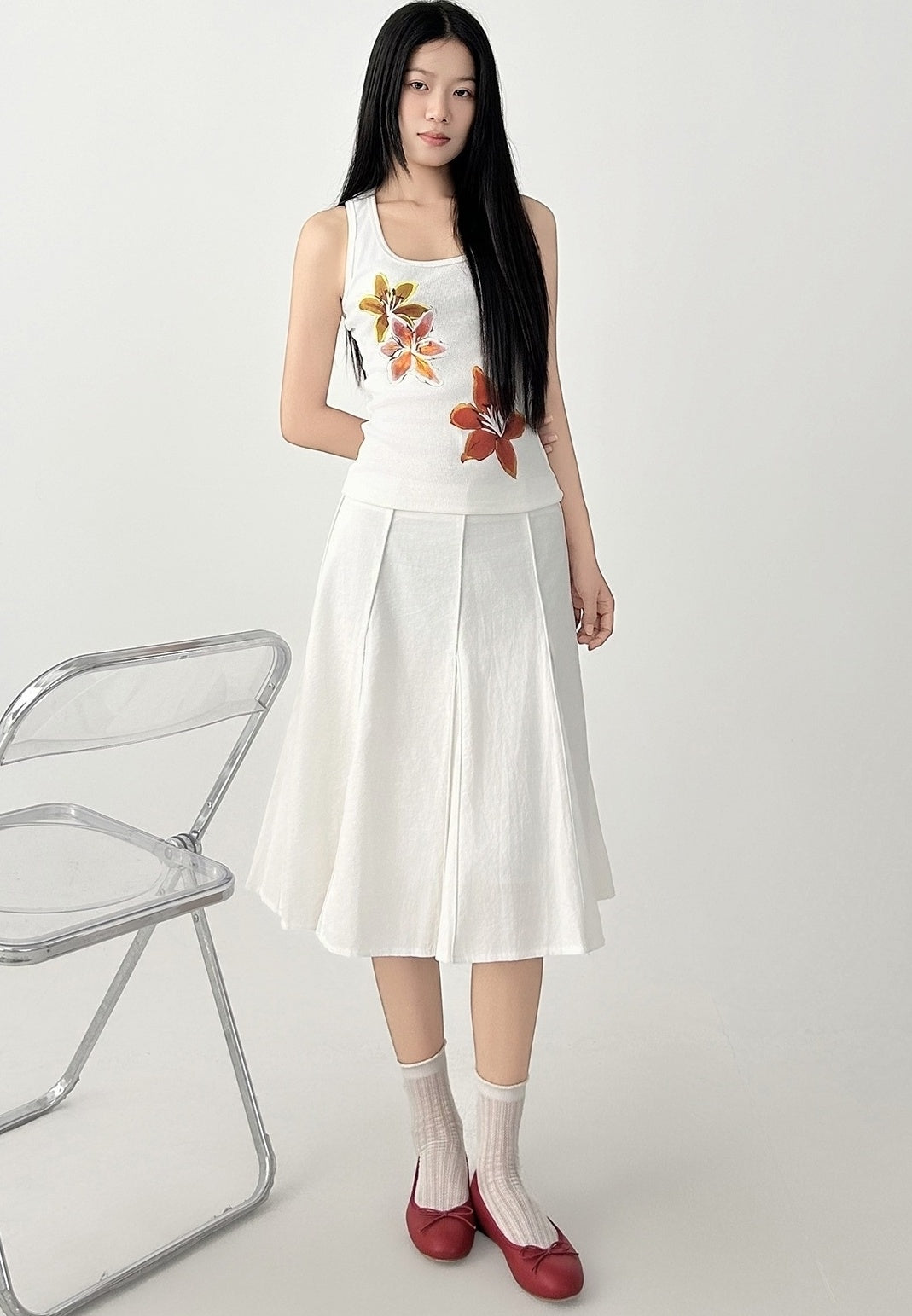 White Pleated Flared Midi Skirt Casual Fit