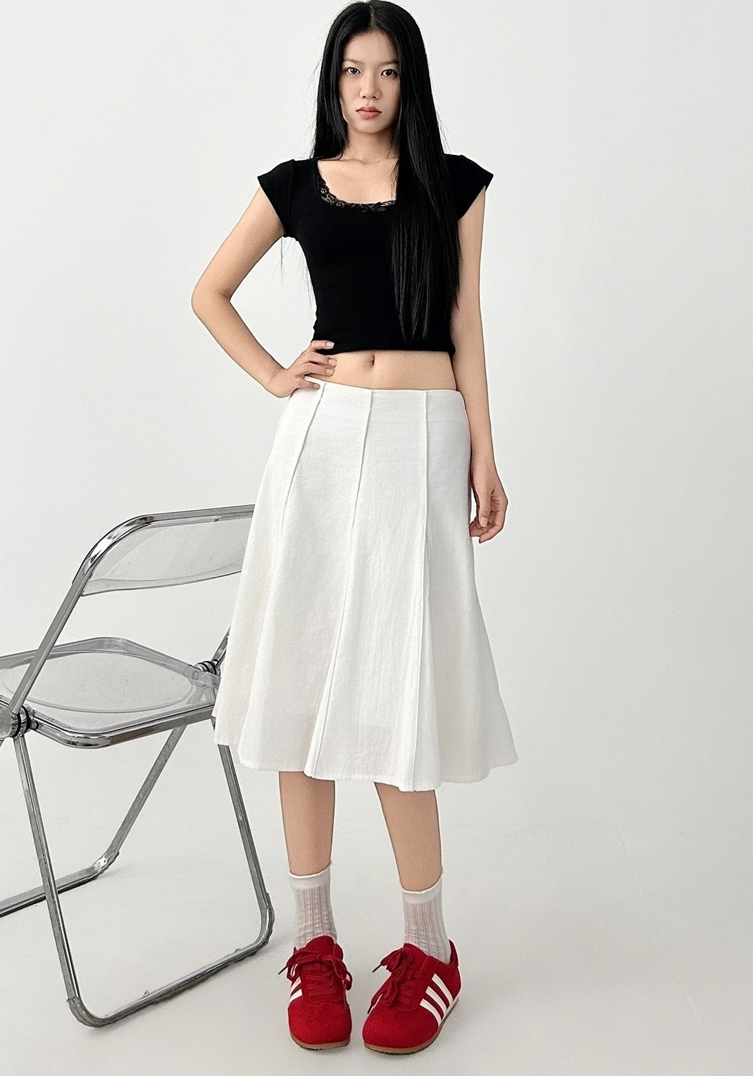White Pleated Flared Midi Skirt Casual Fit