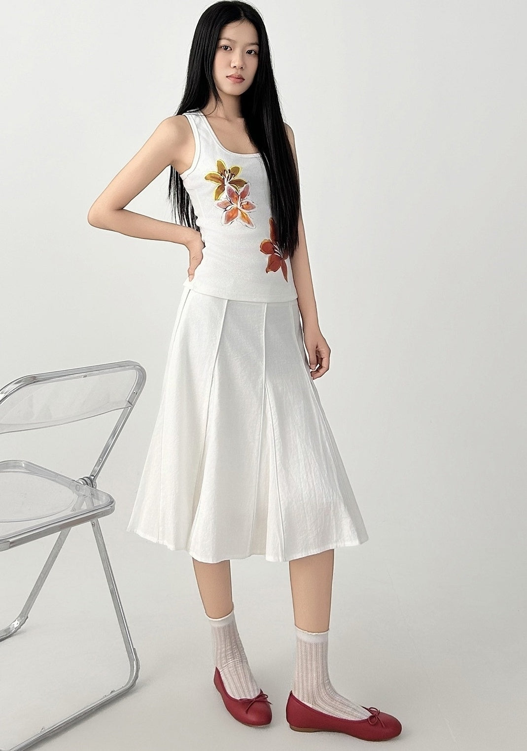 White Pleated Flared Midi Skirt Casual Fit