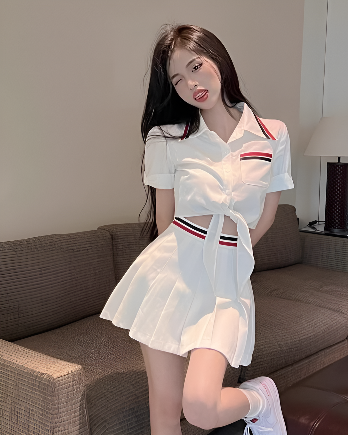 White Pleated Skirt With Red And Blue Banded Waist