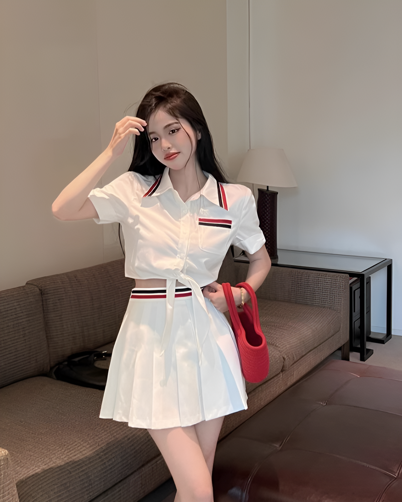 White Pleated Skirt With Red And Blue Banded Waist