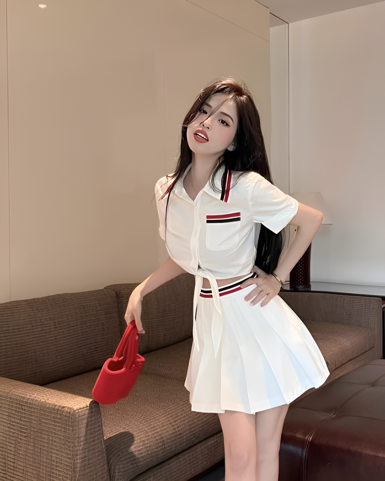 White Pleated Skirt With Red And Blue Banded Waist