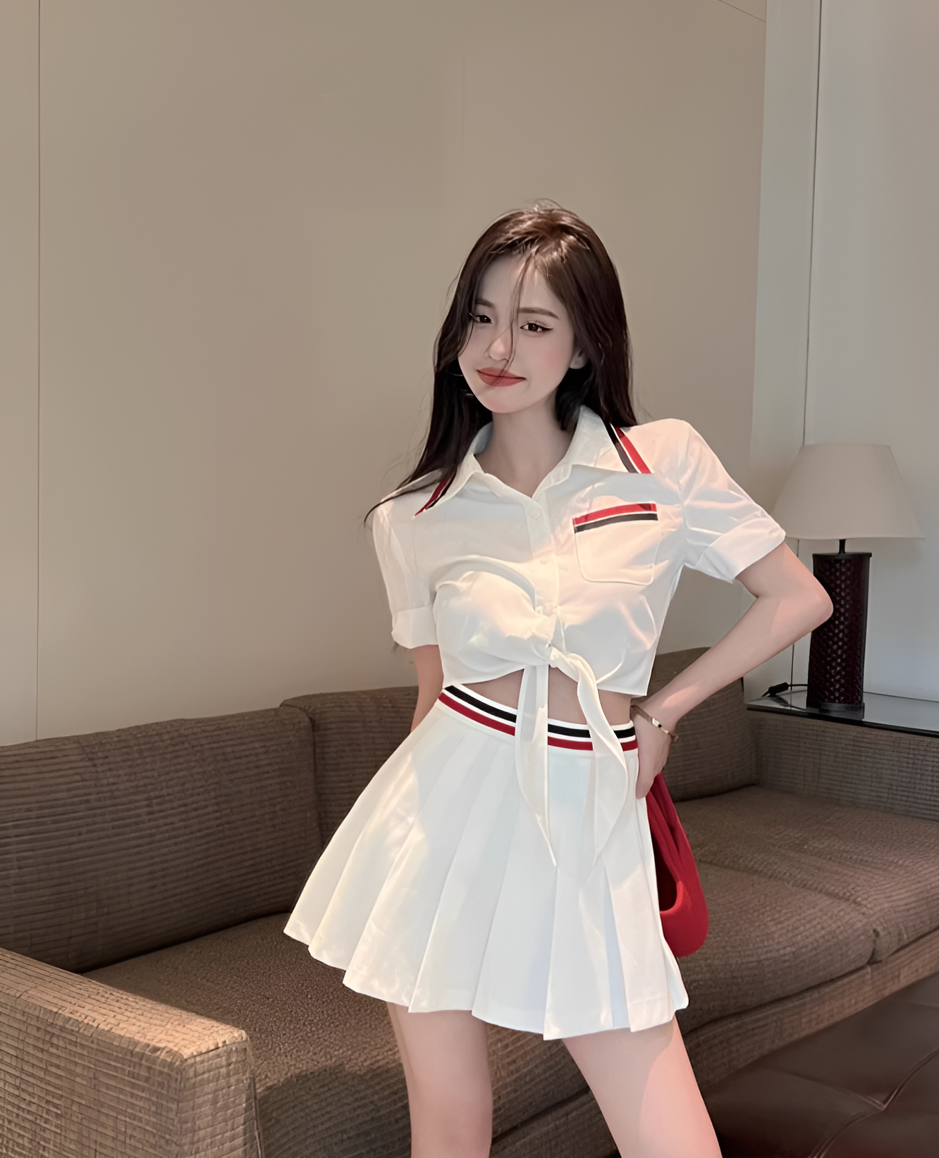 White Pleated Skirt With Red And Blue Banded Waist