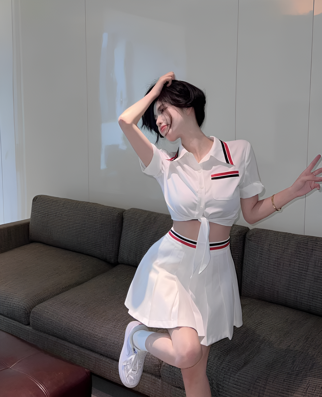 White Pleated Skirt With Red And Blue Banded Waist