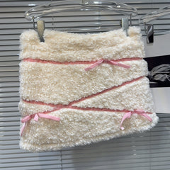 White Plush Skirt With Pink Ribbons