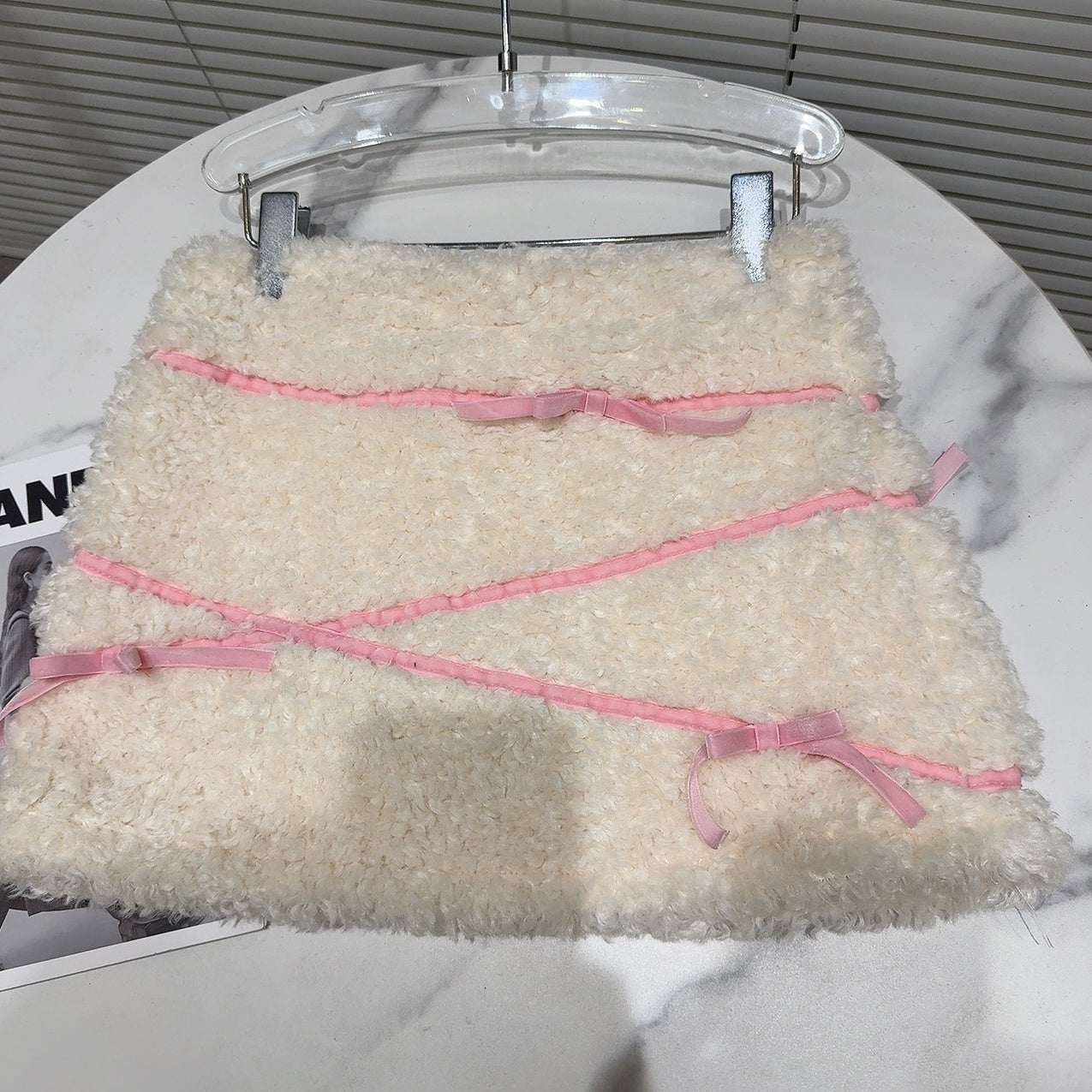 White Plush Skirt With Pink Ribbons