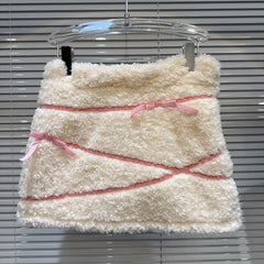 White Plush Skirt With Pink Ribbons